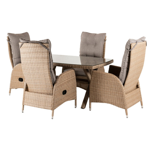 Conjunto Muebles Exterior, Mesa 140x80 Cm Y 4 Sillones Reclinables, Aluminio Y Rattán Sintético Plano Color Natural, 4 Plazas, Cristal Templado 5 Mm_0