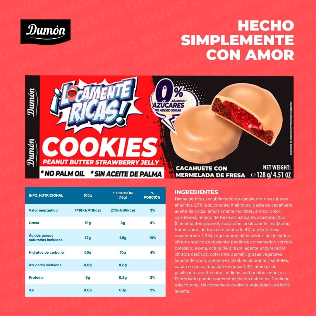 Galleta De Cacahuete Con Mermelada De Fresa- Dumón, Snack Proteico Sin Azúcares Añadidos - Pack De 14 Unidades_2