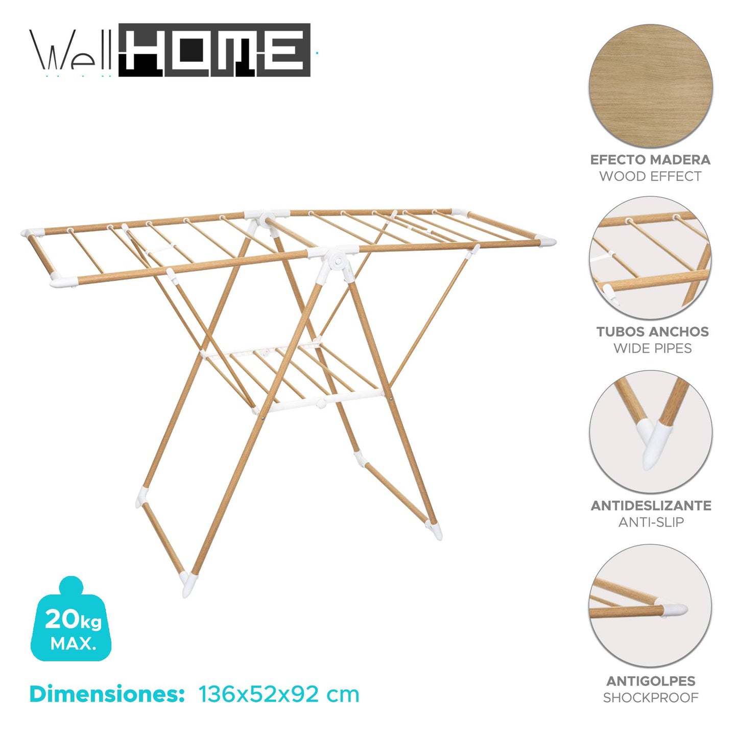 Well Home Tendedero Plegable 136x52x92cm En Acero Inoxidable Color Marrón