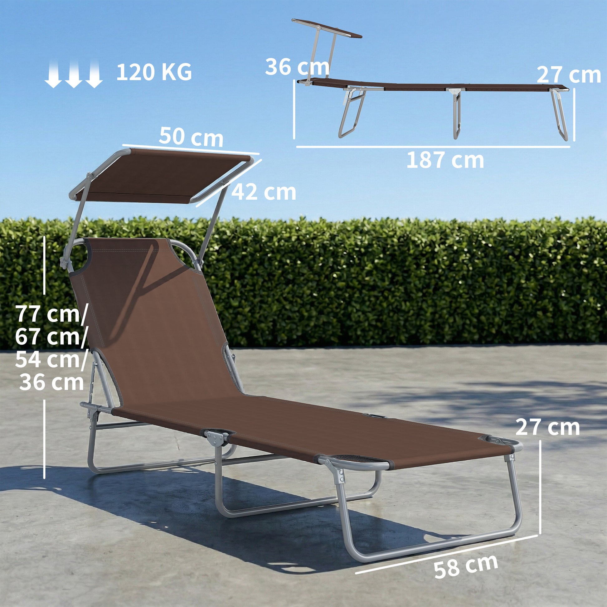 Outsunny Tumbona De Jardín Plegable Con Toldo Desmontable 187x58x36 Cm Marrón_2