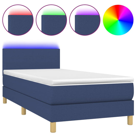 Cama Box Spring Colchón Y Luces Led Tela Azul 100x200 Cm / Vetonek_0