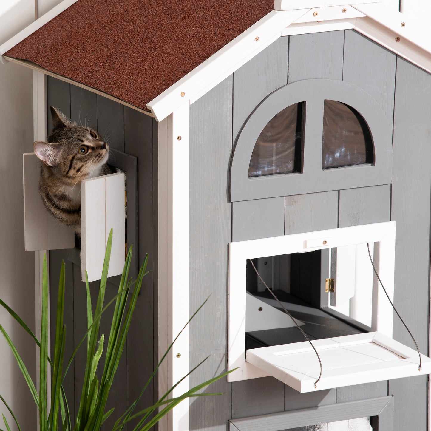 Pawhut Casa Para Gatos De Madera 59x55x109 Cm Con Techo Asfáltico Escalera Gris_4
