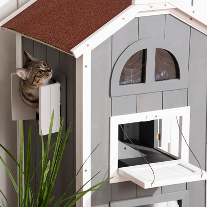Pawhut Casa Para Gatos De Madera 59x55x109 Cm Con Techo Asfáltico Escalera Gris_4
