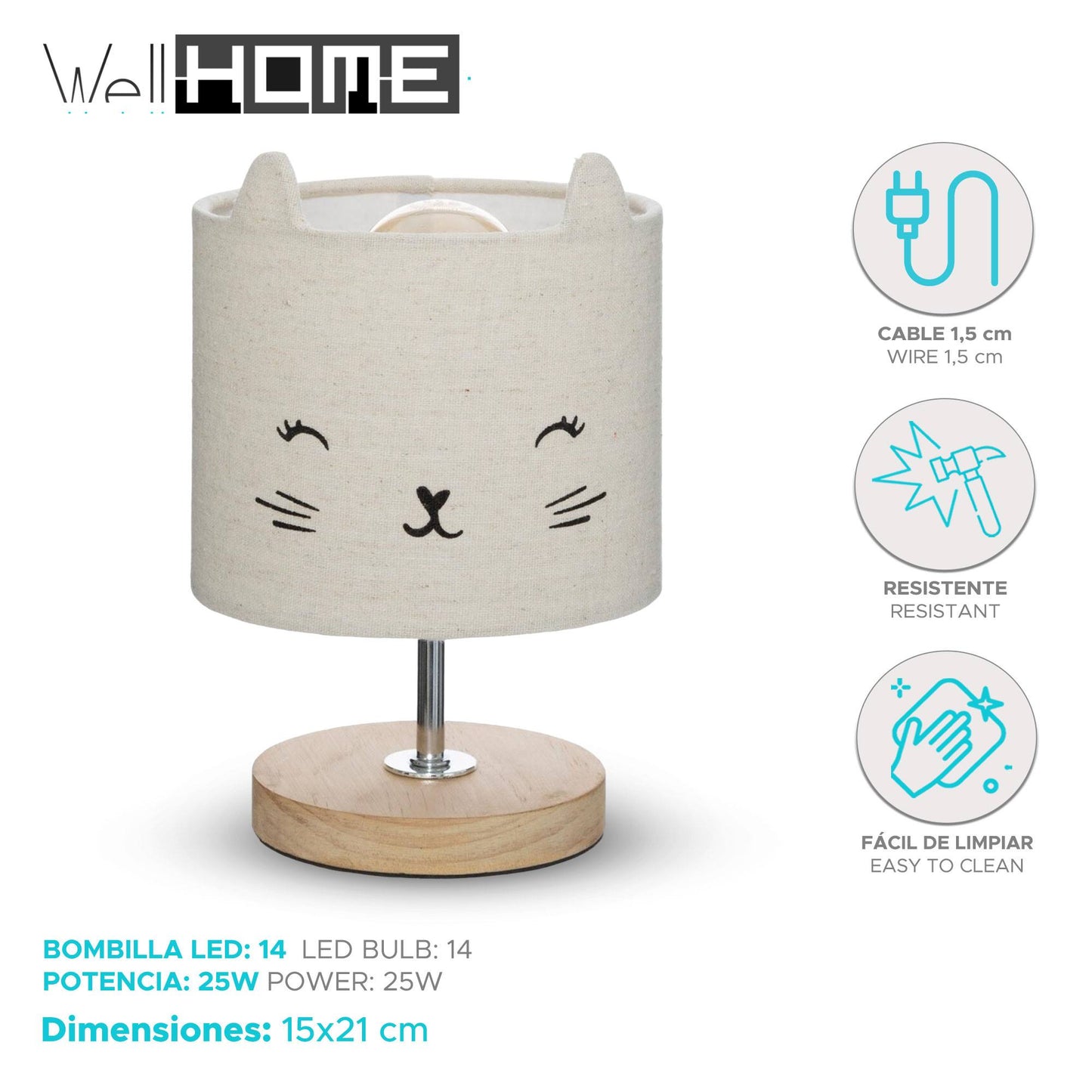 Well Home Lámpara Infantil gato En Algodón Y Madera Ø15x21cm