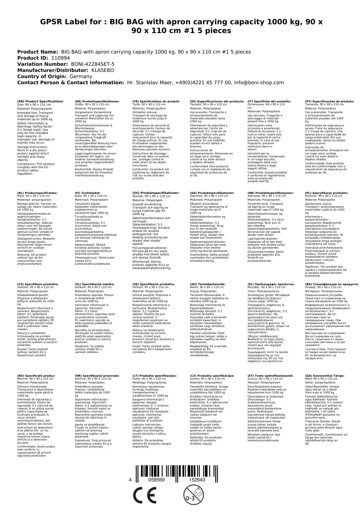 Big Bag Mit Schürze Tragkraft 1000 Kg, 90 X 90 X 110 Cm #1 5 Stück_1