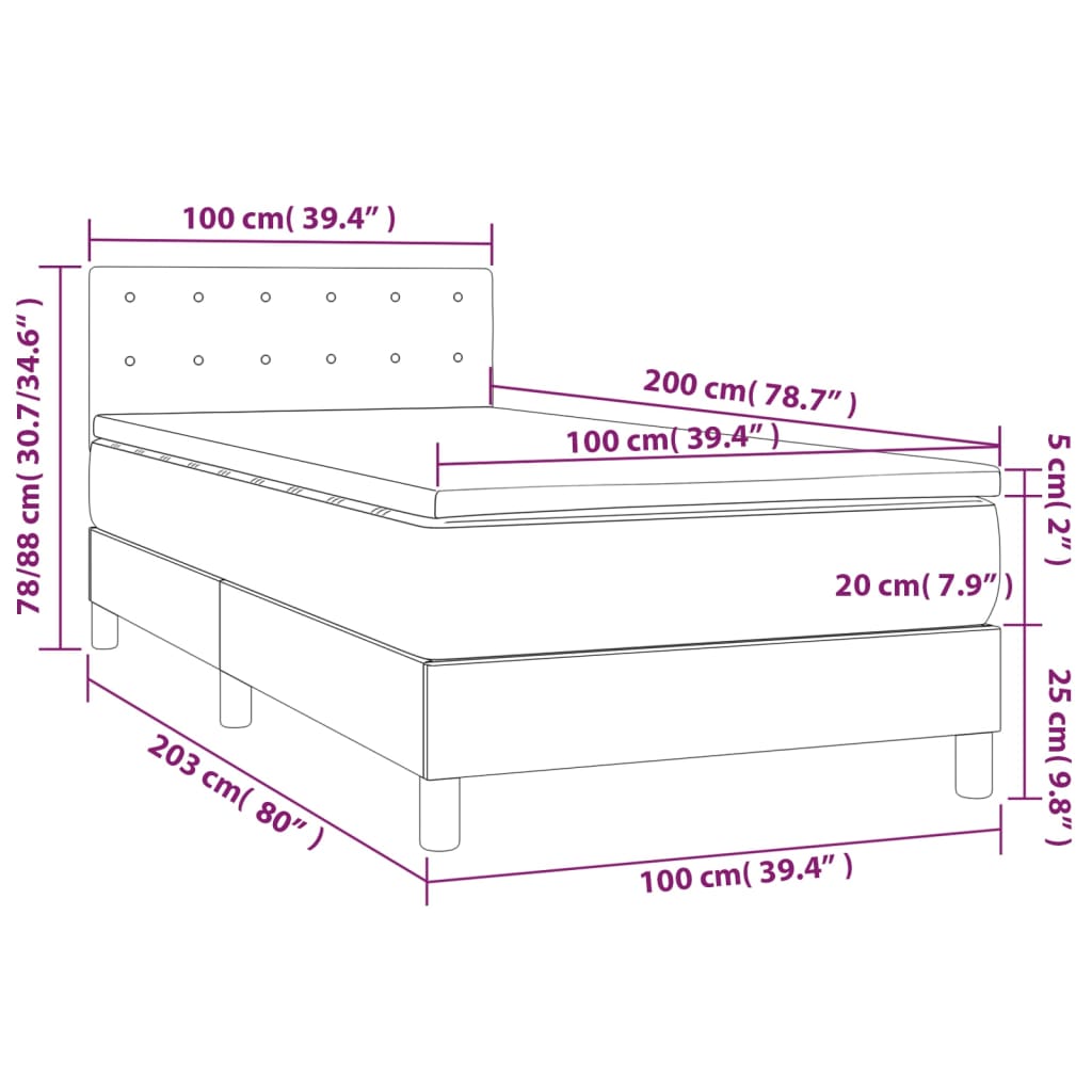 Cama Box Spring Colchón Y Luces Led Tela Crema 100x200 Cm / Vetonek_3