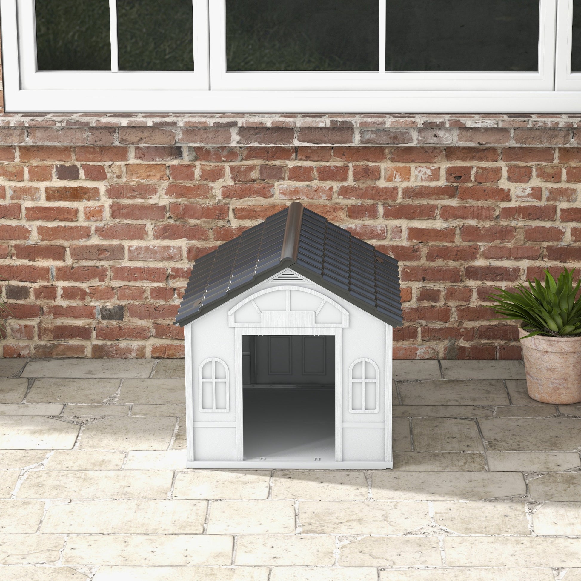 Pawhut Caseta Para Perros 65x75,7x63 Cm Con Patrón De Ventana Gris Y Blanco_3