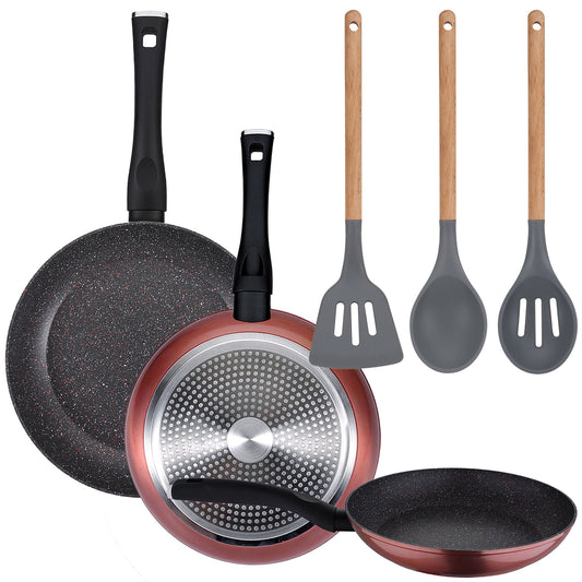 Pack De 3 Sartenes Ø20/24 Y 28 Cms + Set De 3pc De Utensilios De Cocina En Silcona Y Madera_0