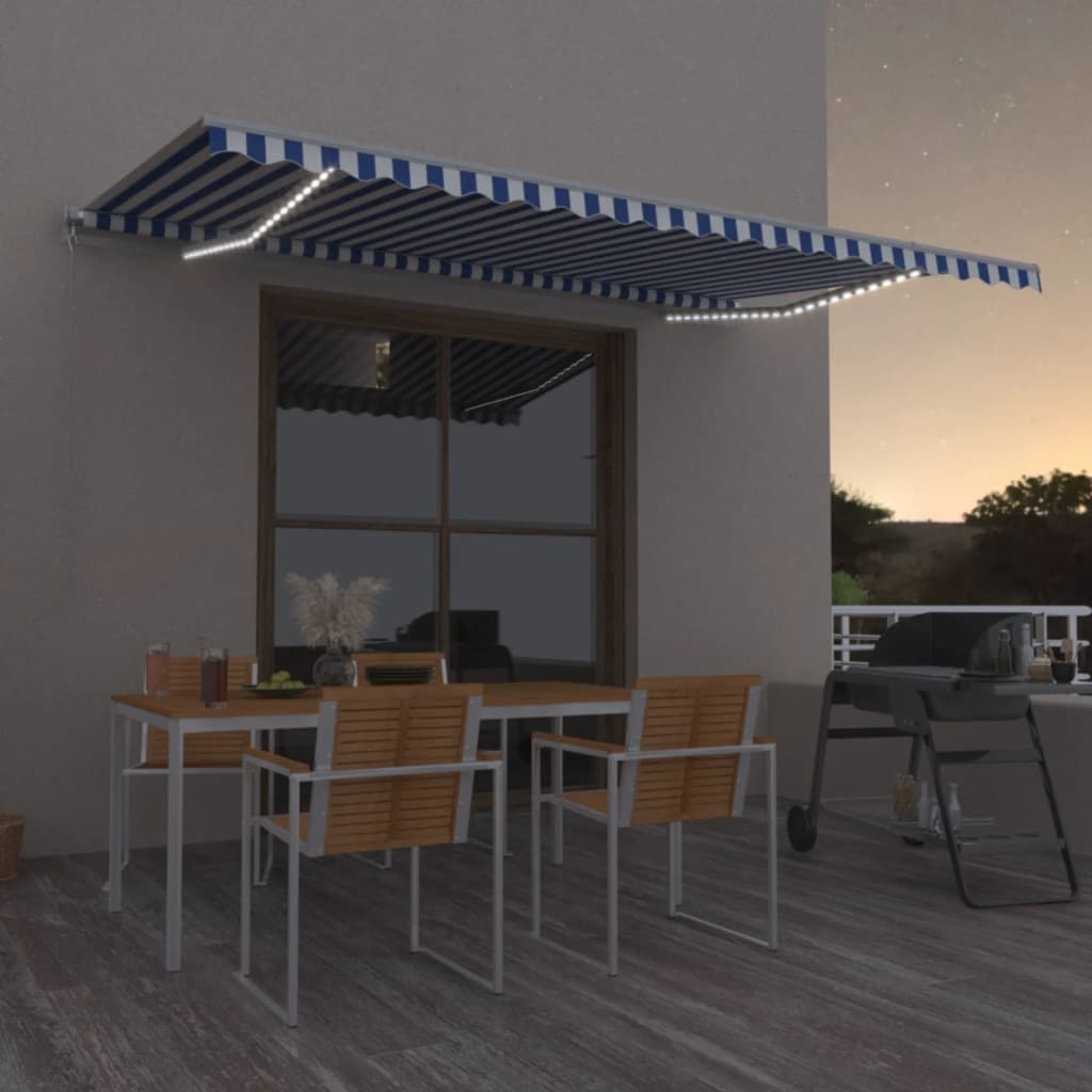 Toldo Retráctil Manual Con Led Azul Y Blanco 500x350 Cm_1