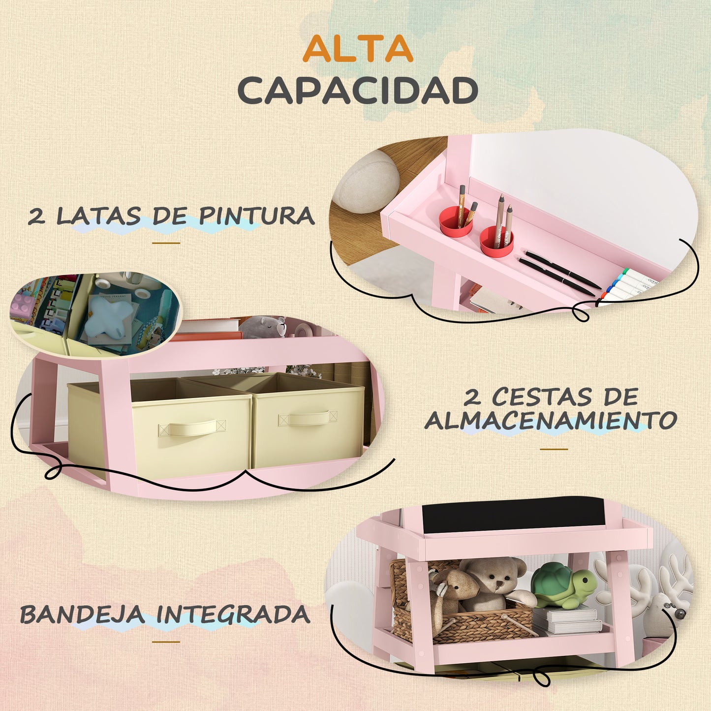 Aiyaplay Pizarra Infantil Caballete 3 En 1 Con Rollo De Papel Y Cestas Rosa_4