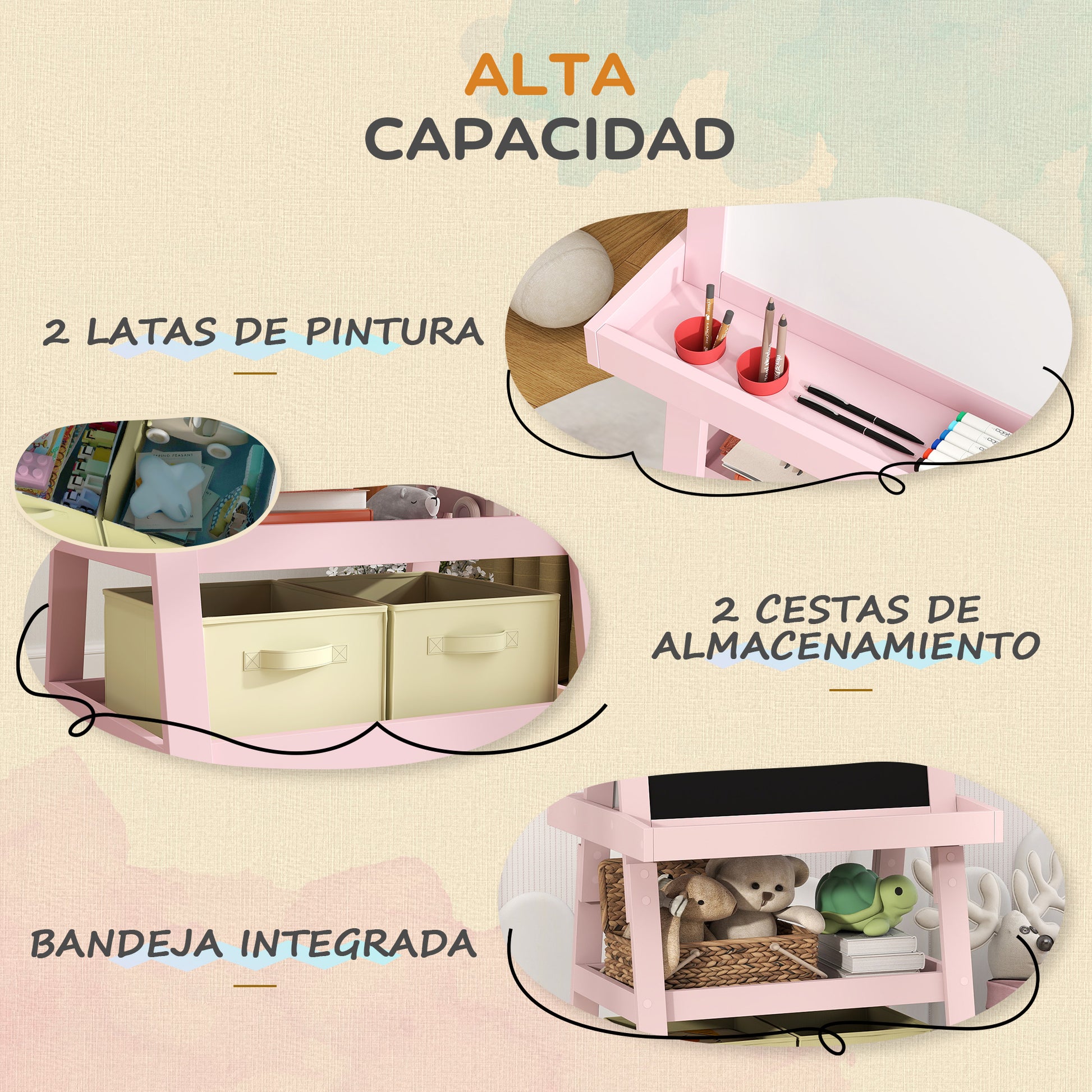 Aiyaplay Pizarra Infantil Caballete 3 En 1 Con Rollo De Papel Y Cestas Rosa_4