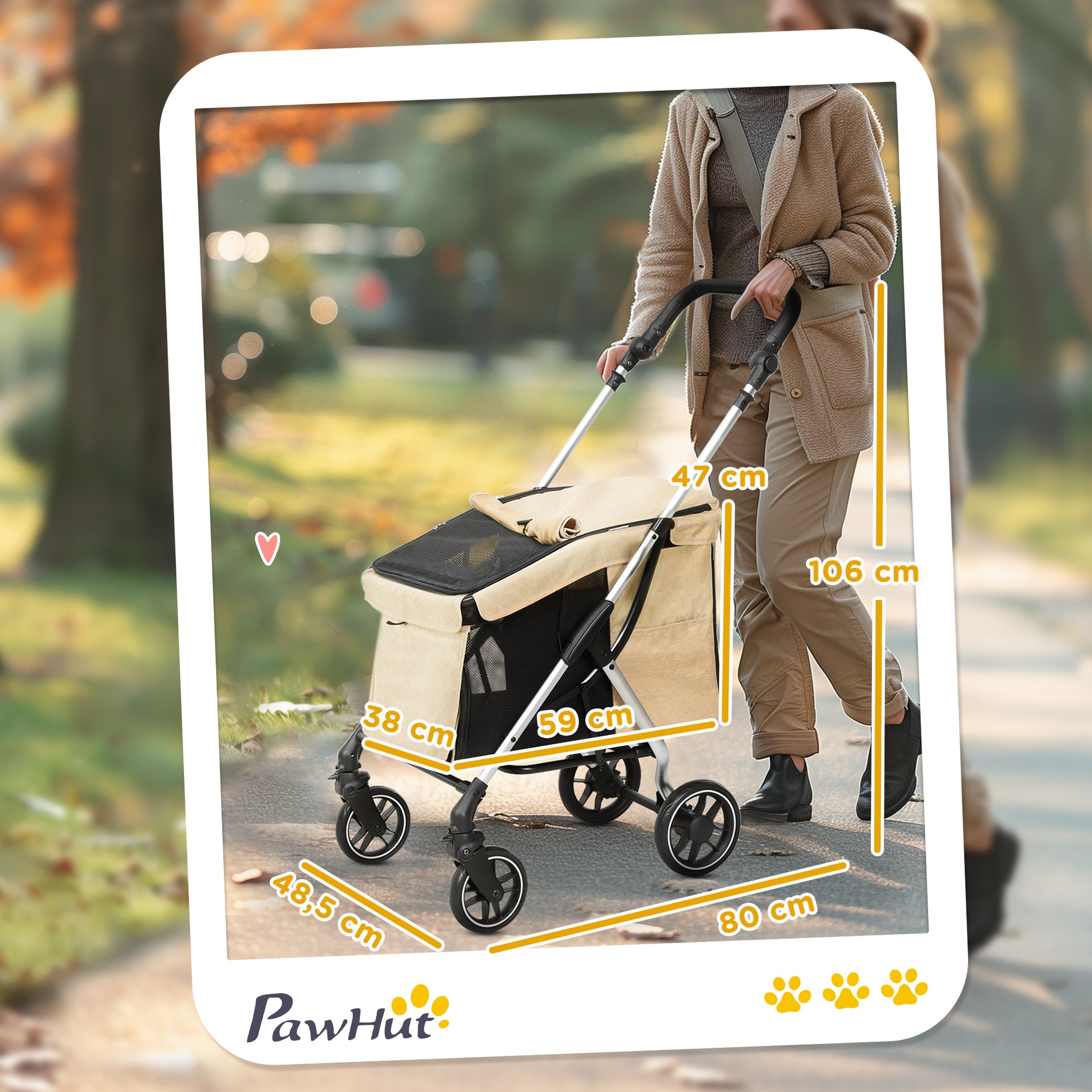 Pawhut Cochecito Para Perros Plegable Con Cojín Lavable 80x48,5x106 Cm Caqui_2