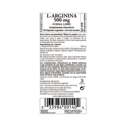 L-Arginina, 50 cápsulas vegetales de 500mg