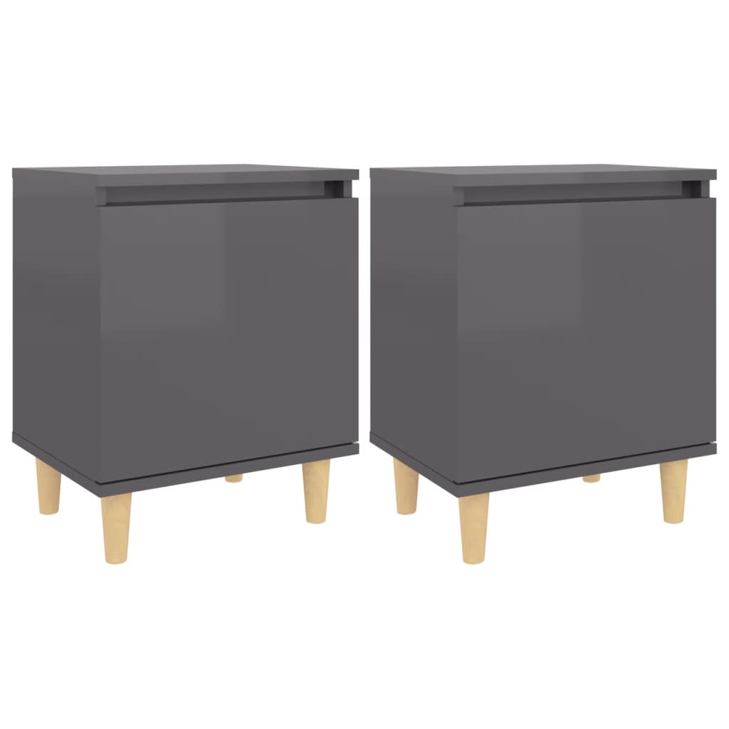 Mesitas De Noche 2 Uds Patas De Madera Gris Brillo 40x30x50 Cm_0