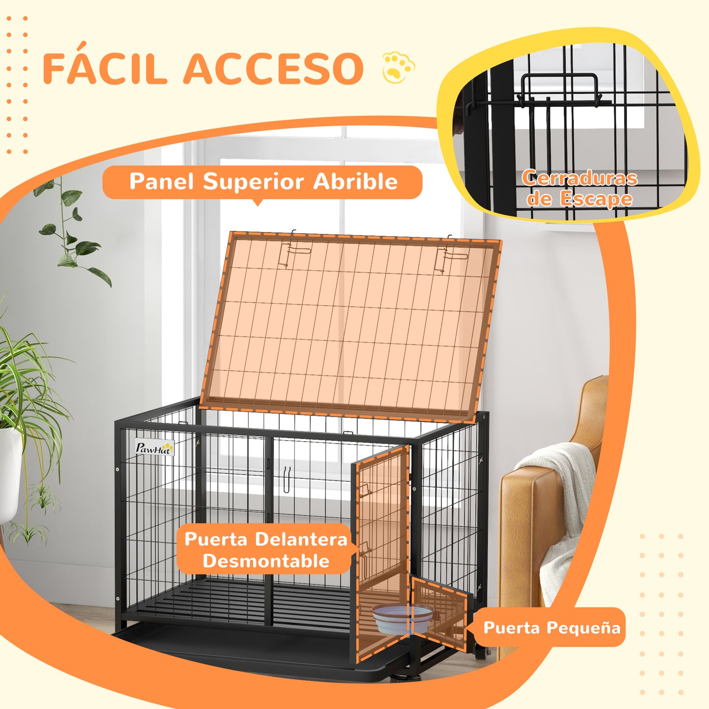 Pawhut Jaula Para Perros Grandes Con Soporte De Cuenco Y Puerta Doble Negro_5