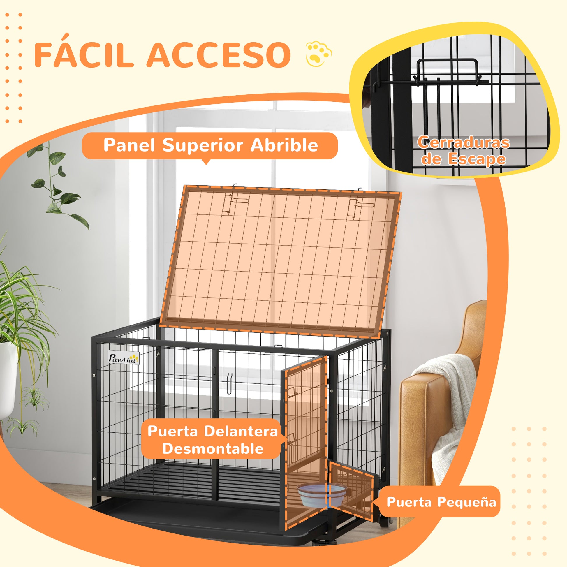 Pawhut Jaula Para Perros Grandes Con Soporte De Cuenco Y Puerta Doble Negro_5