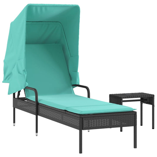 Tumbona Con Toldo Y Mesa, De Poliratán Negro_0