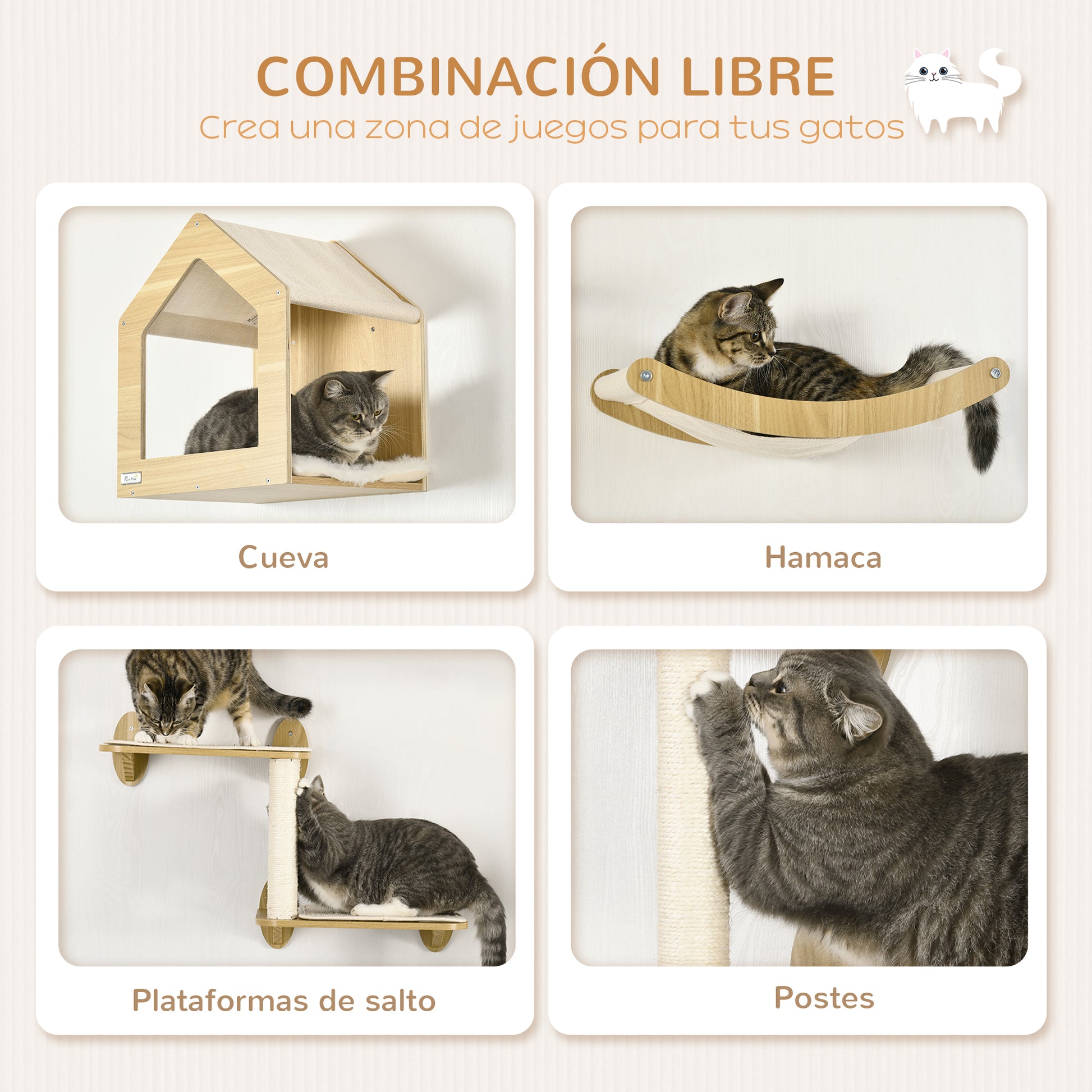 Pawhut Estantes Para Gatos 3 Piezas Con Caseta Hamaca Plataformas Poste De Sisal_4