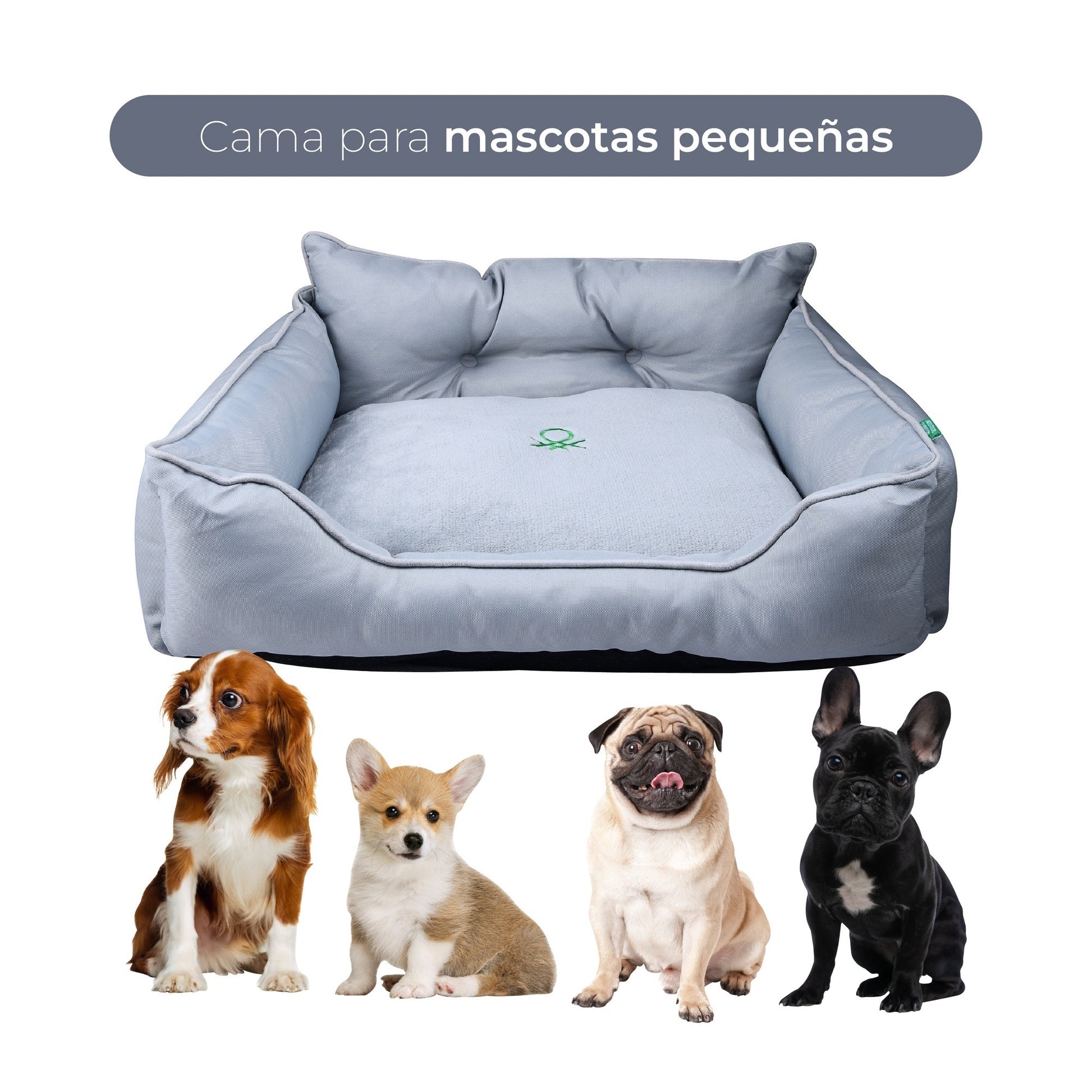 Cama Para Mascota 50x40x18cm Gris + Comedero Doble De Acero En Bambú