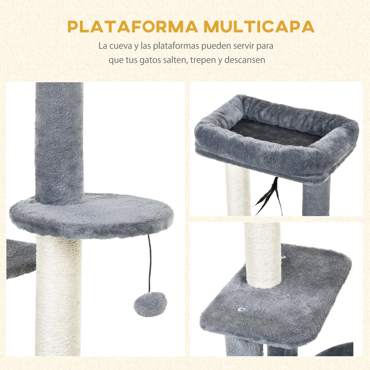 Pawhut Árbol Para Gatos 100 Cm Con Postes Para Rascar Cama 48x35x100 Cm Gris_3