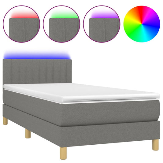 Cama Box Spring Con Colchón Y Led Tela Gris Oscuro 90x190 Cm / Vetonek_0