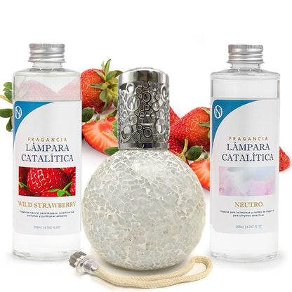 Pack Ahorro Lámpara Catalítica Mosaico Blanco + Aroma Wild Strawberry 200ml + Limpiador Neutro 200ml + Mecha Repuesto_0
