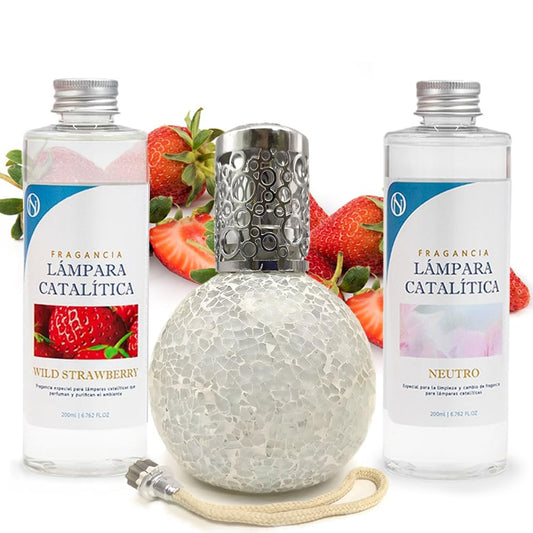 Pack Ahorro Lámpara Catalítica Mosaico Blanco + Aroma Wild Strawberry 500ml + Limpiador Neutro 200ml + Mecha Repuesto_0