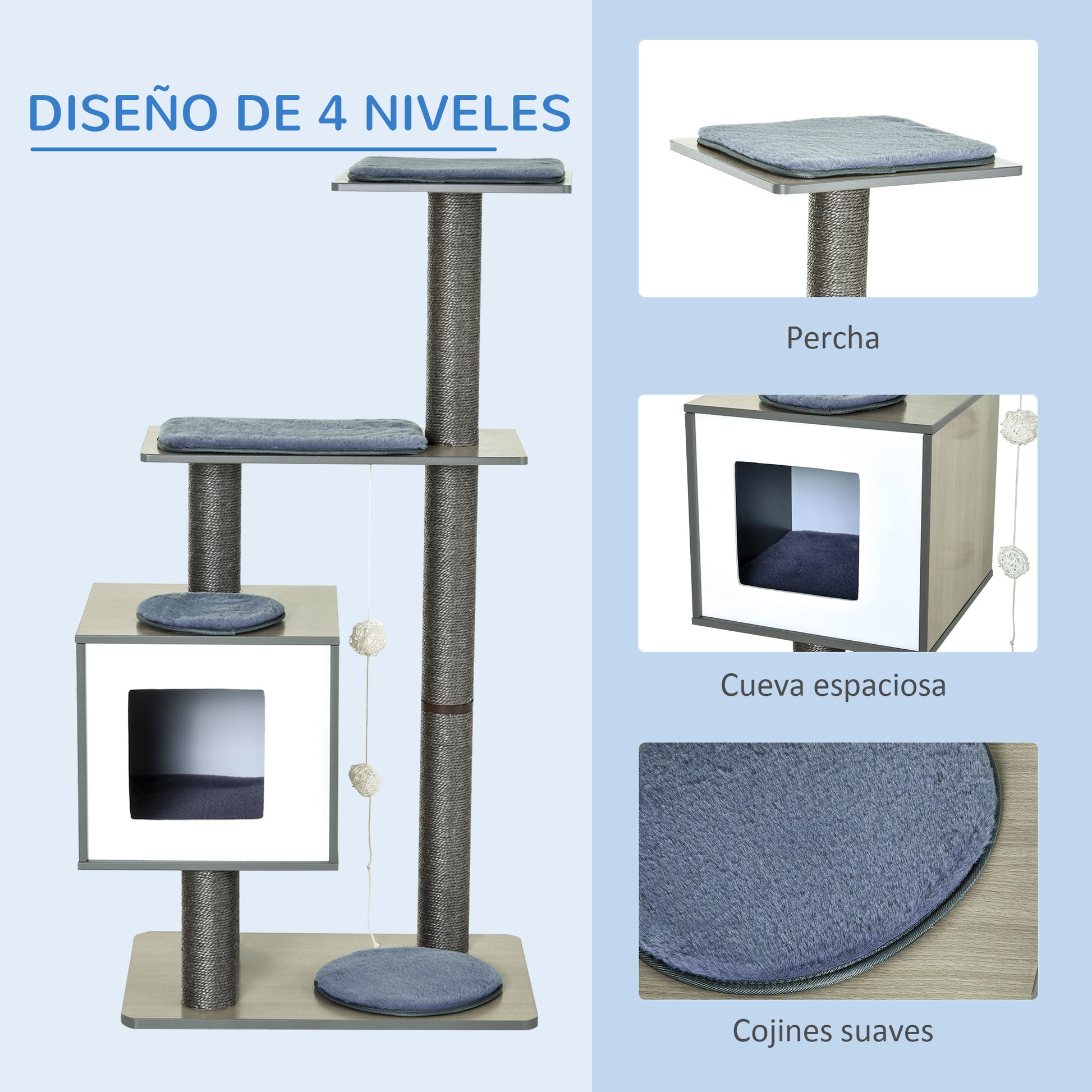 Pawhut Árbol Rascador Gatos De Madera 71,5x49,5x120 Cm Con Cueva Postes De Sisal_5
