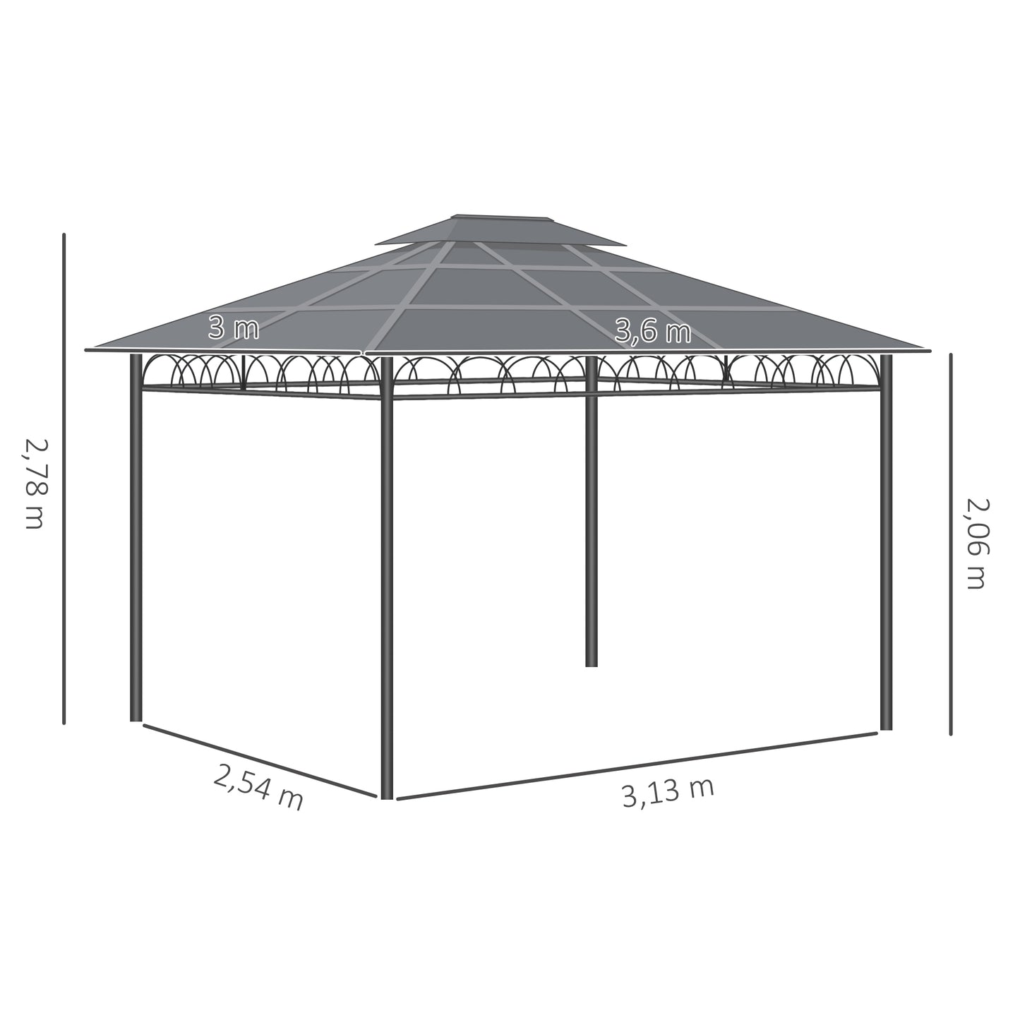 Outsunny Cenador Jardín 3,6x3 Mtecho Doble Policarbonato 4 Cortinas Mosquiteras_2