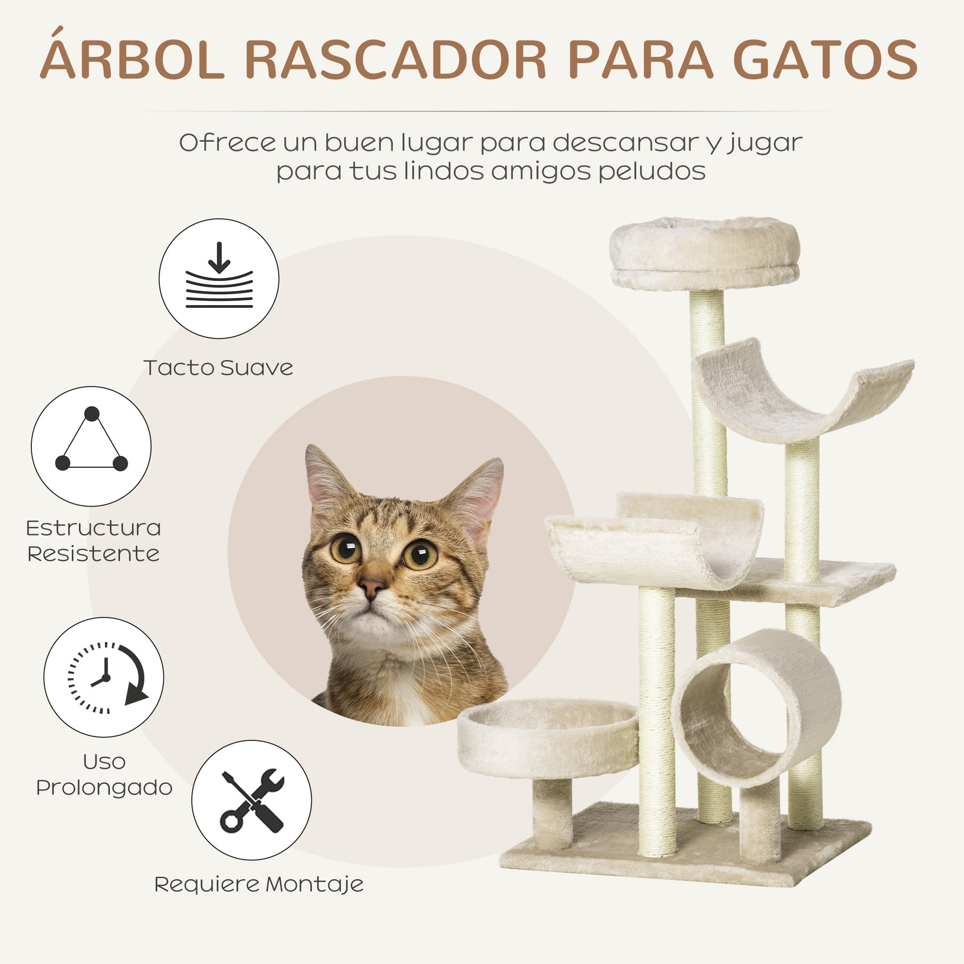 Pawhut Árbol Para Gatos 50x40x105 Cm Árbol Rascador Grande Centro De Actividad Plataformas Tubo De Juego Sisal Natural_3