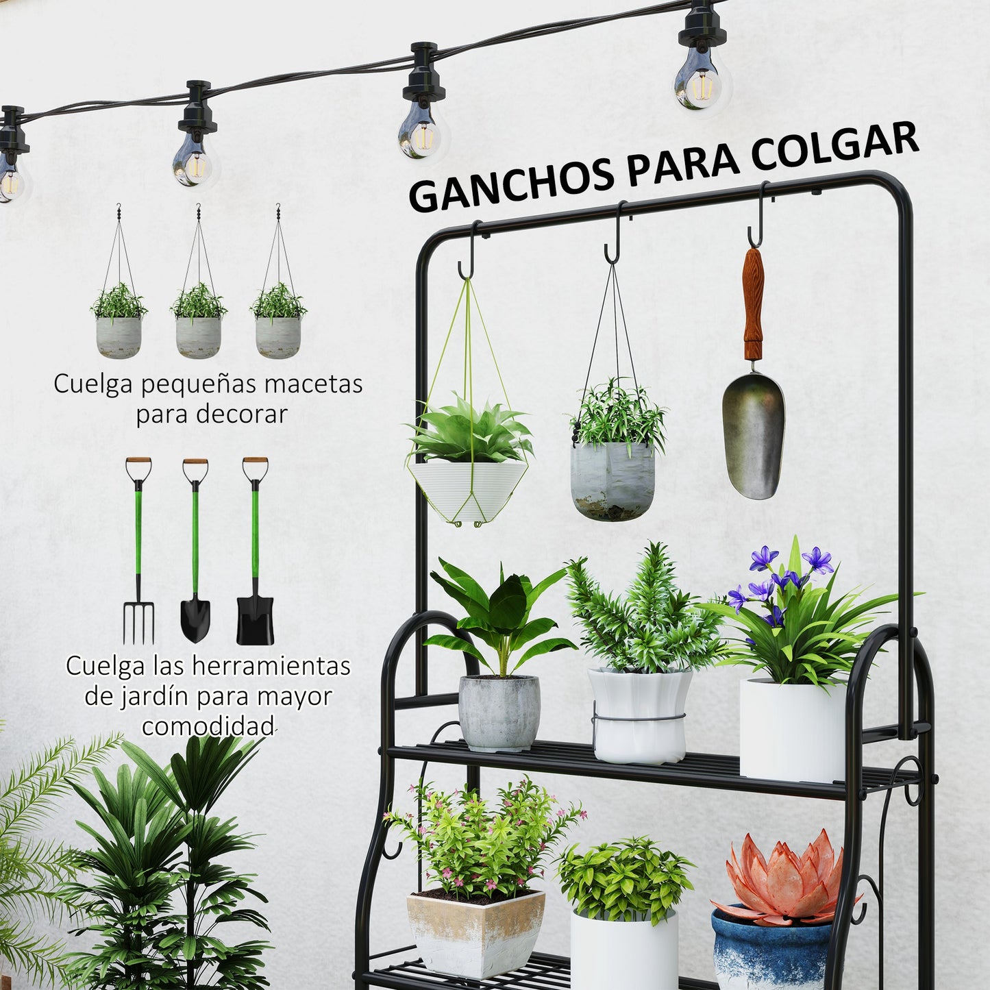 Outsunny Soporte Para Plantas De 3 Niveles Con Ganchos Barra Para Colgar Negro_4