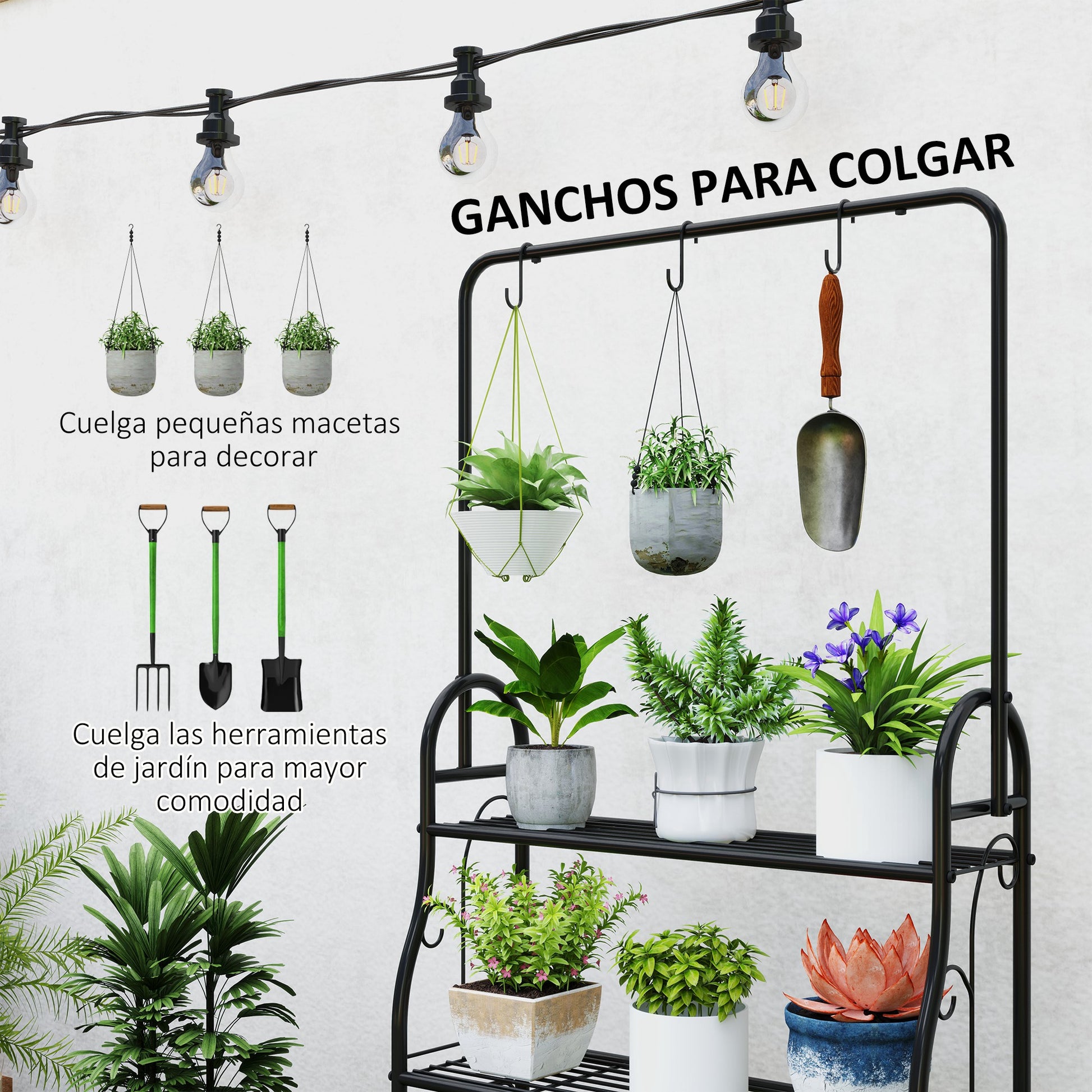 Outsunny Soporte Para Plantas De 3 Niveles Con Ganchos Barra Para Colgar Negro_4