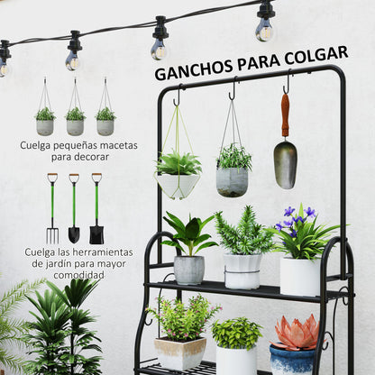 Outsunny Soporte Para Plantas De 3 Niveles Con Ganchos Barra Para Colgar Negro_4