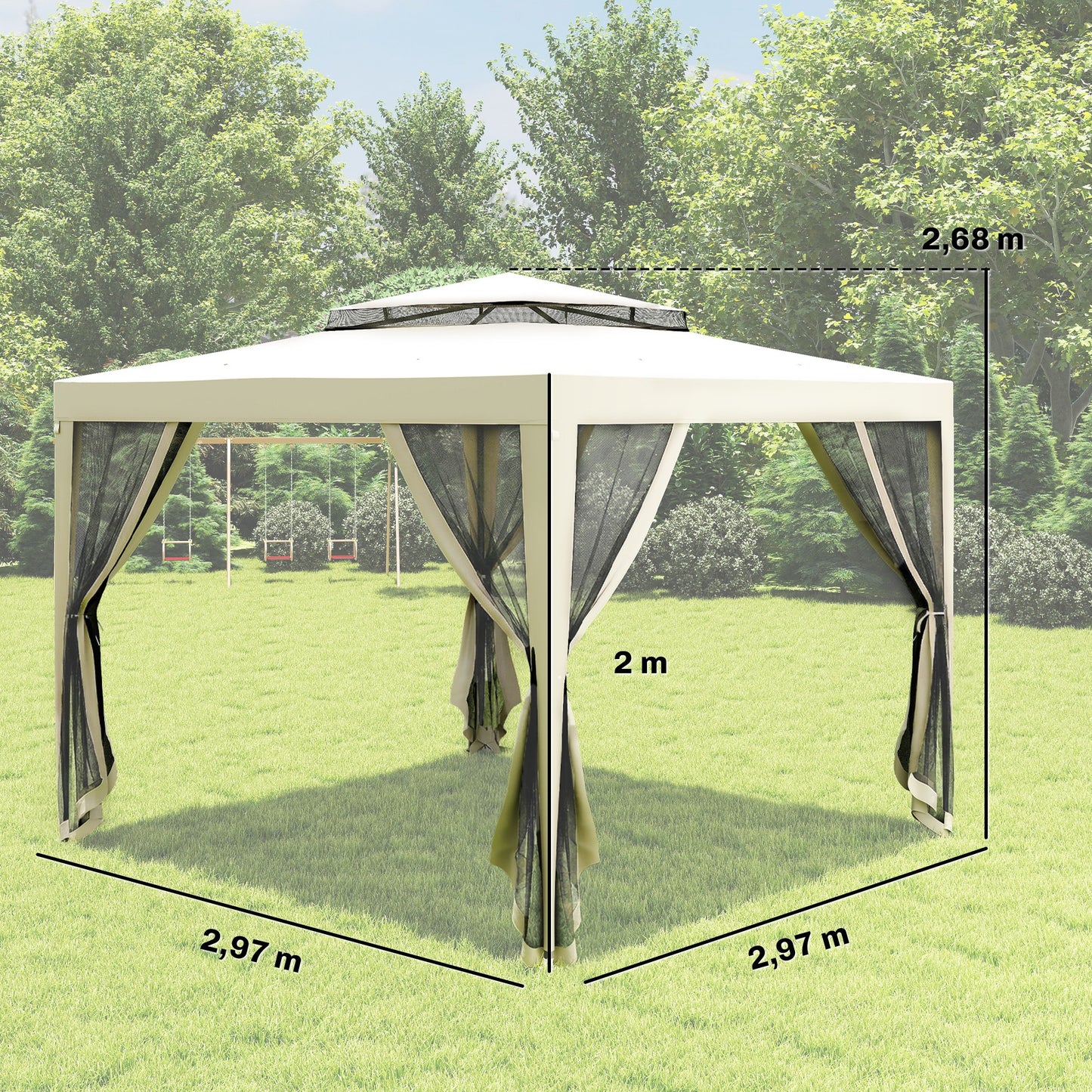 Outsunny Carpa De Jardín 3x3 M Con 4 Mosquiteras Laterales Techo Doble Crema_2