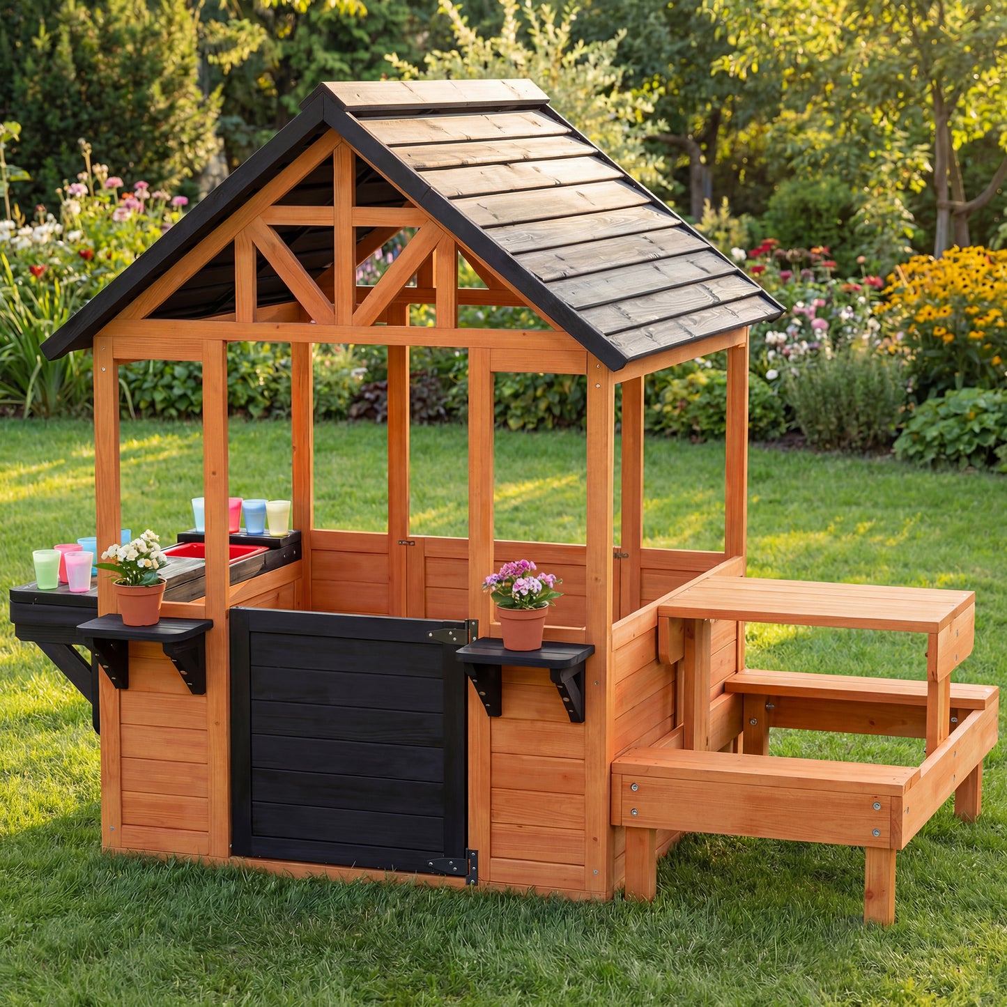 Aiyaplay Casita Infantil Exterior De Madera Con Barra De Snack Y Bancos Marrón_1