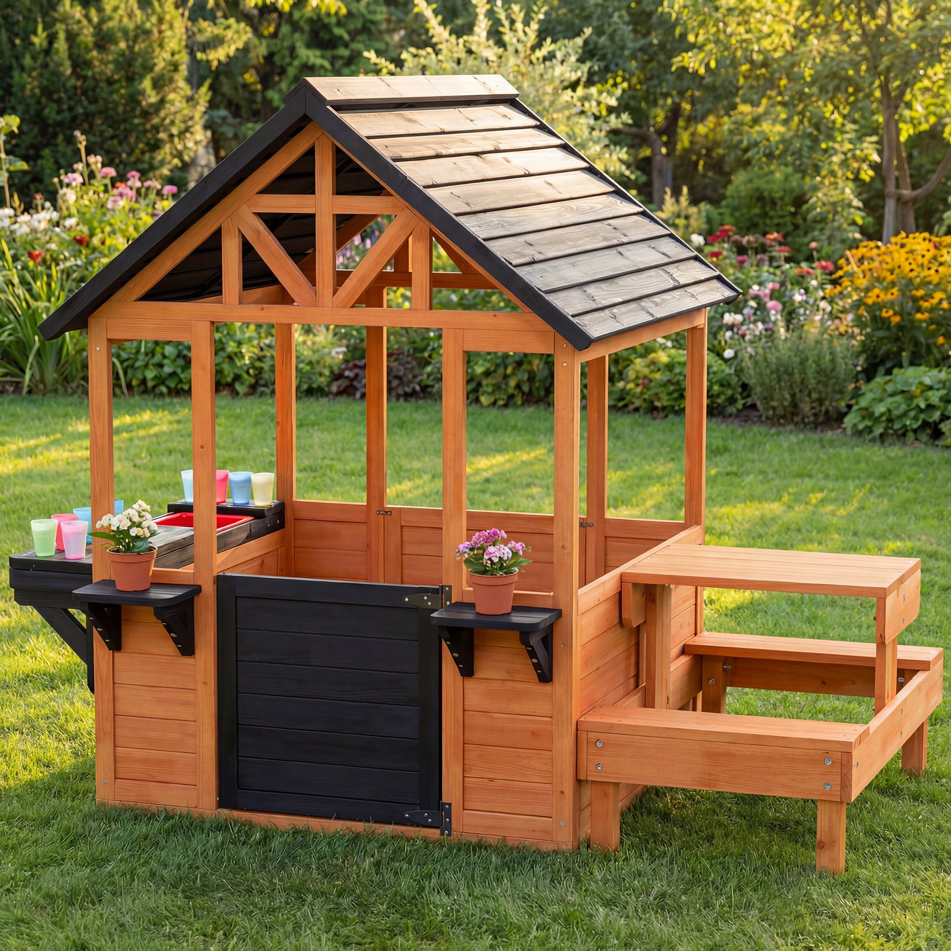 Aiyaplay Casita Infantil Exterior De Madera Con Barra De Snack Y Bancos Marrón_1