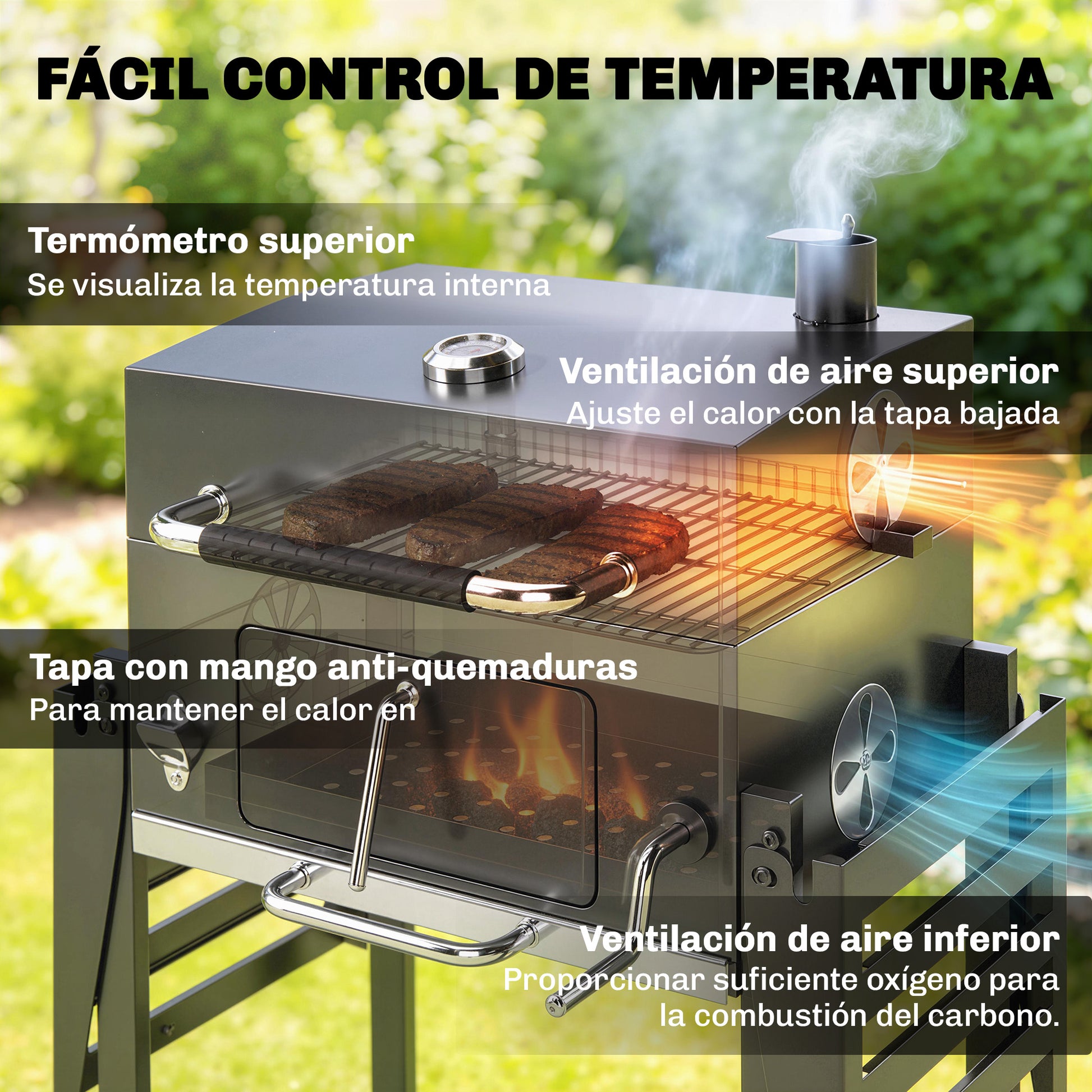 Outsunny Barbacoa De Carbón Con Tapa Bandeja Ajustable Estantes Plegables Ruedas_5
