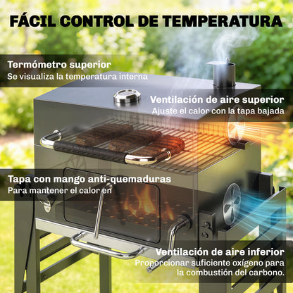 Outsunny Barbacoa De Carbón Con Tapa Bandeja Ajustable Estantes Plegables Ruedas_5