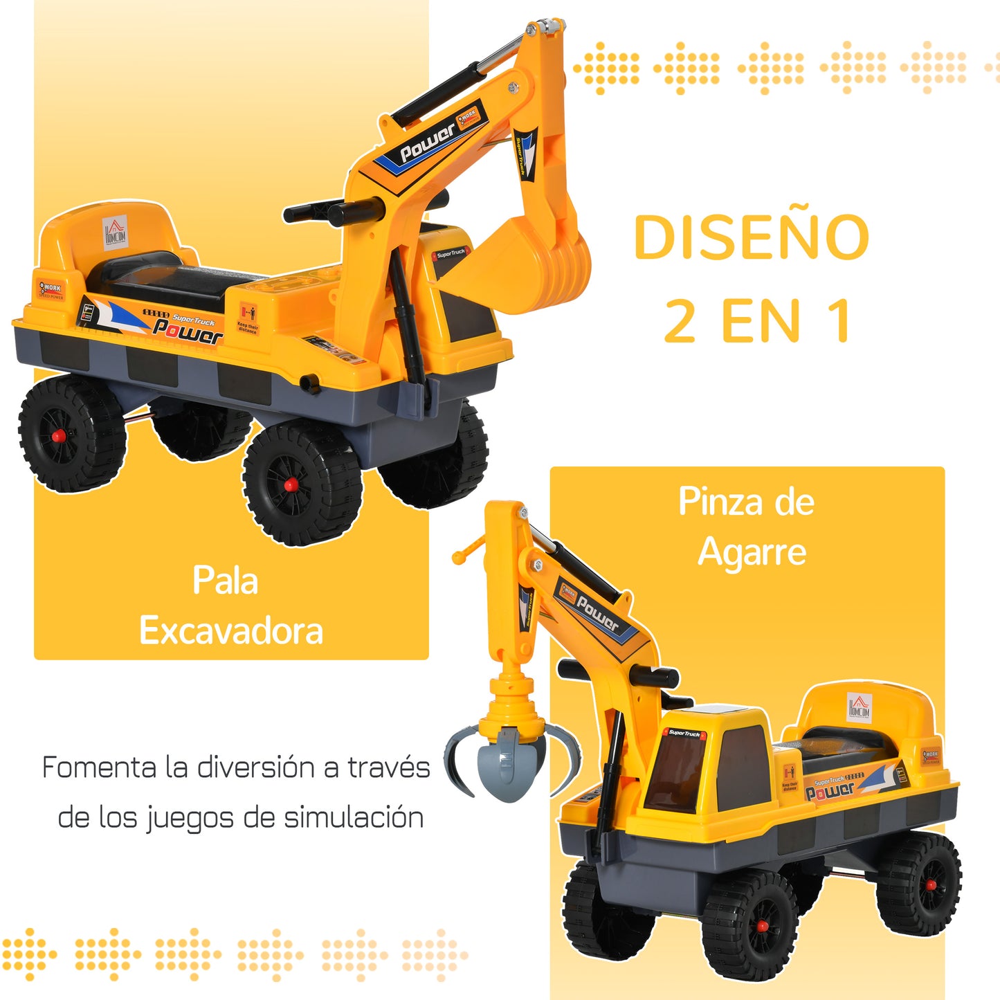 Homcom Tractor Para Niños De 2-3 Años Con Pala Excavadora Luces Música Y Espacio_3