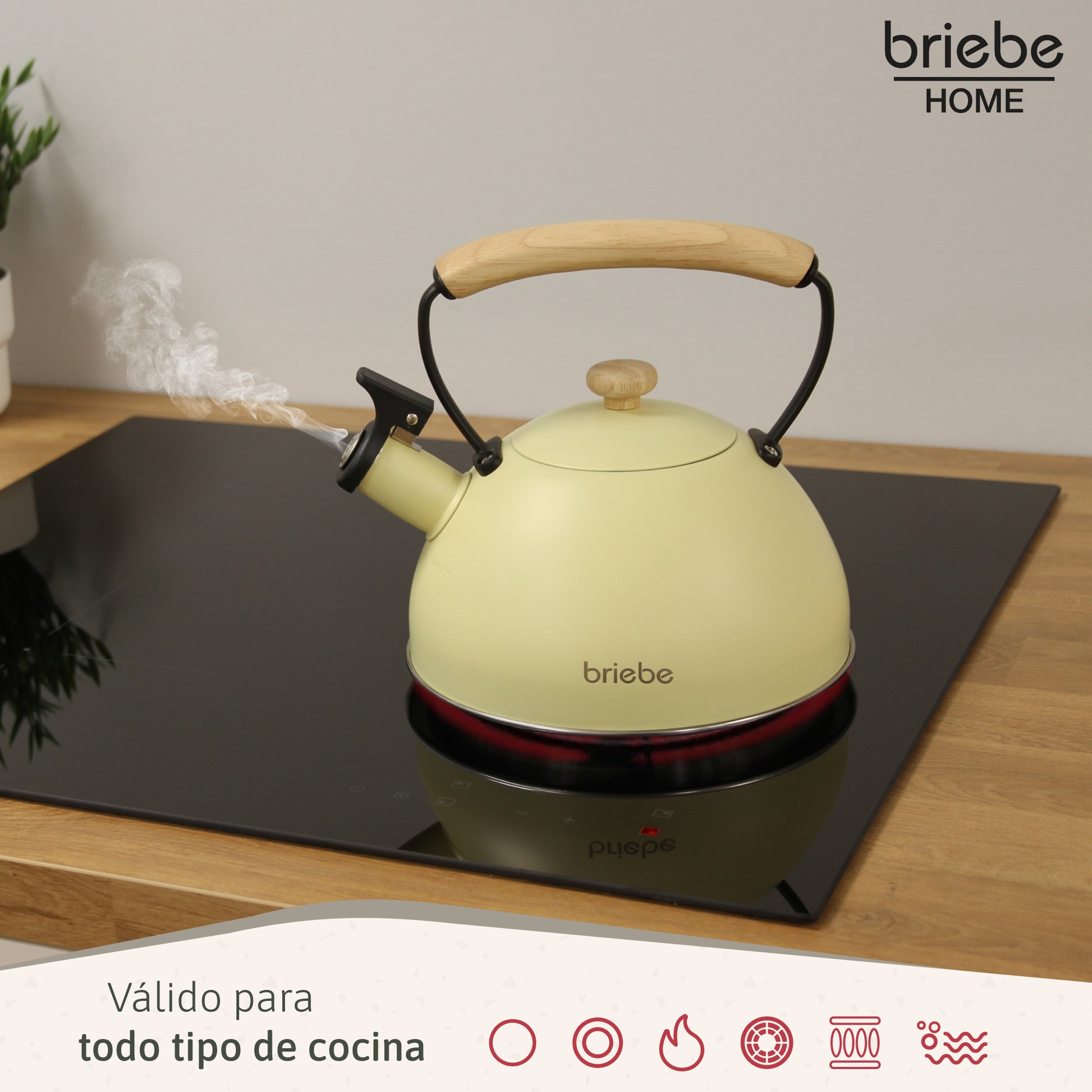 Briebe Tetera Con Silbato, Hervidor De Agua 2,3l, Inducción, Acero Inox, Vintage, Mango Madera, Pastel, Amarillo_2