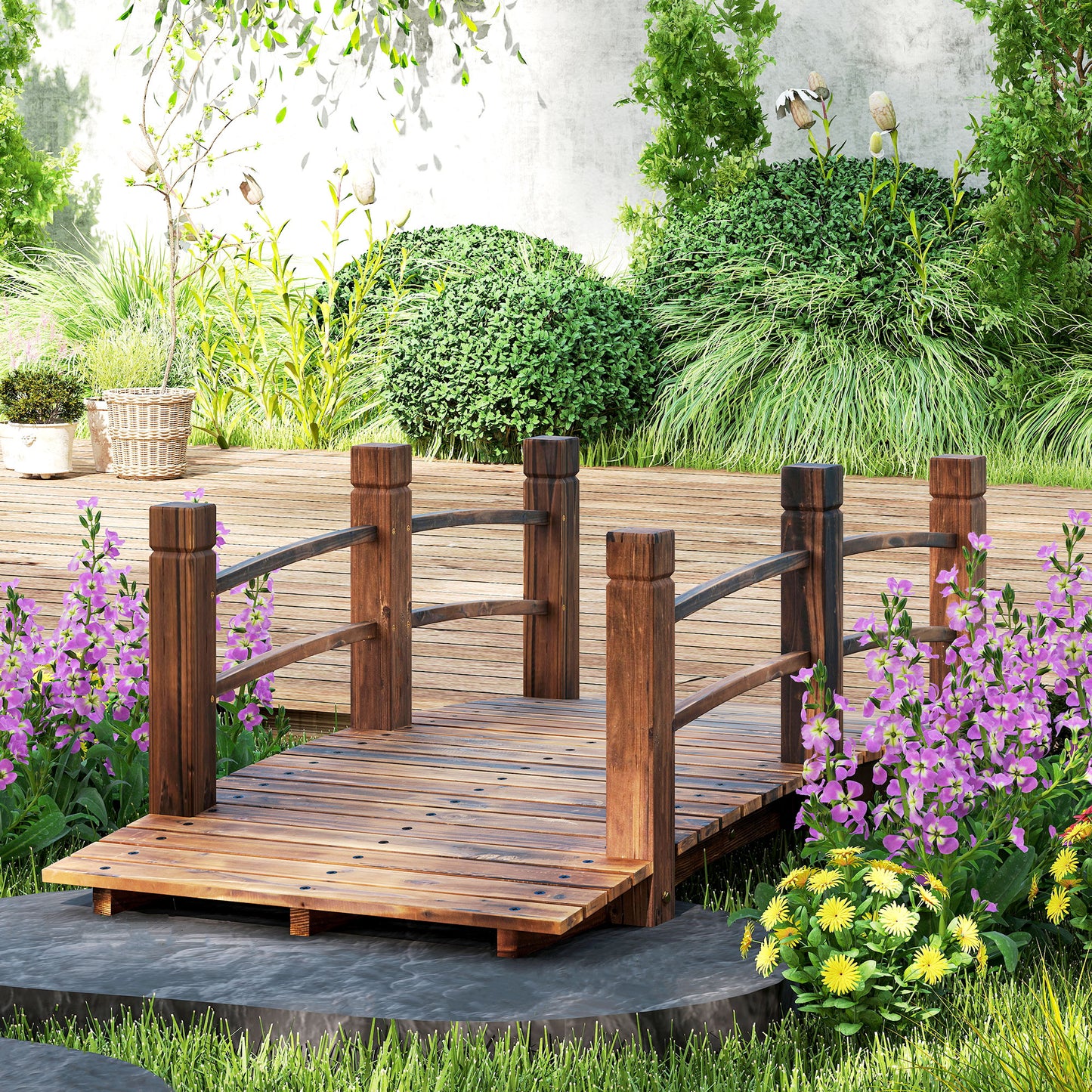 Outsunny Puente De Jardín De Madera Con Barandilla 152,5x67x48 Cm Carbonizado_1