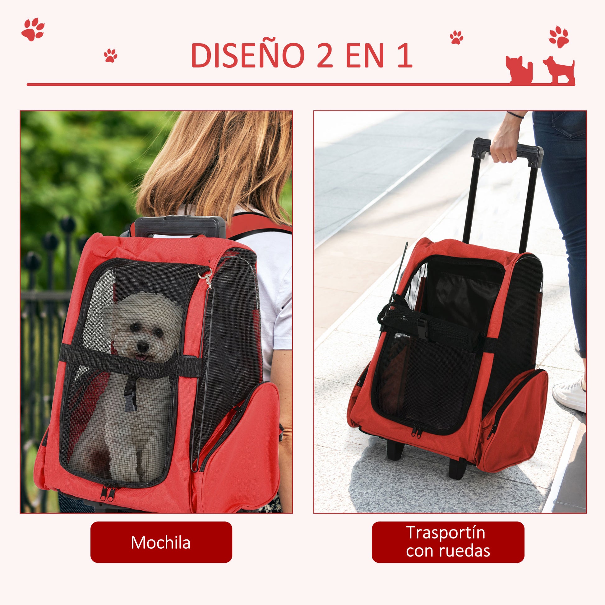 Pawhut Transportín 2 En 1 Para Mascotas Carrito Mochila Ruedas 42x25x55 Cm Rojo_3
