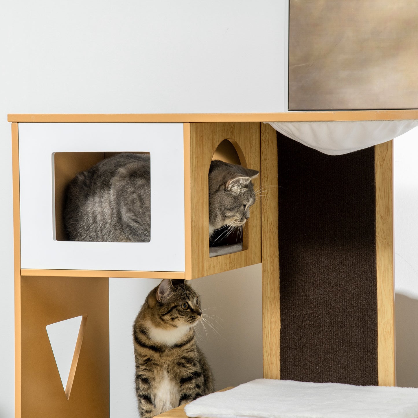 Pawhut Árbol Rascador Para Gatos Altura 92,5 Cm Con 3 Casetas De Madera Cojines_3