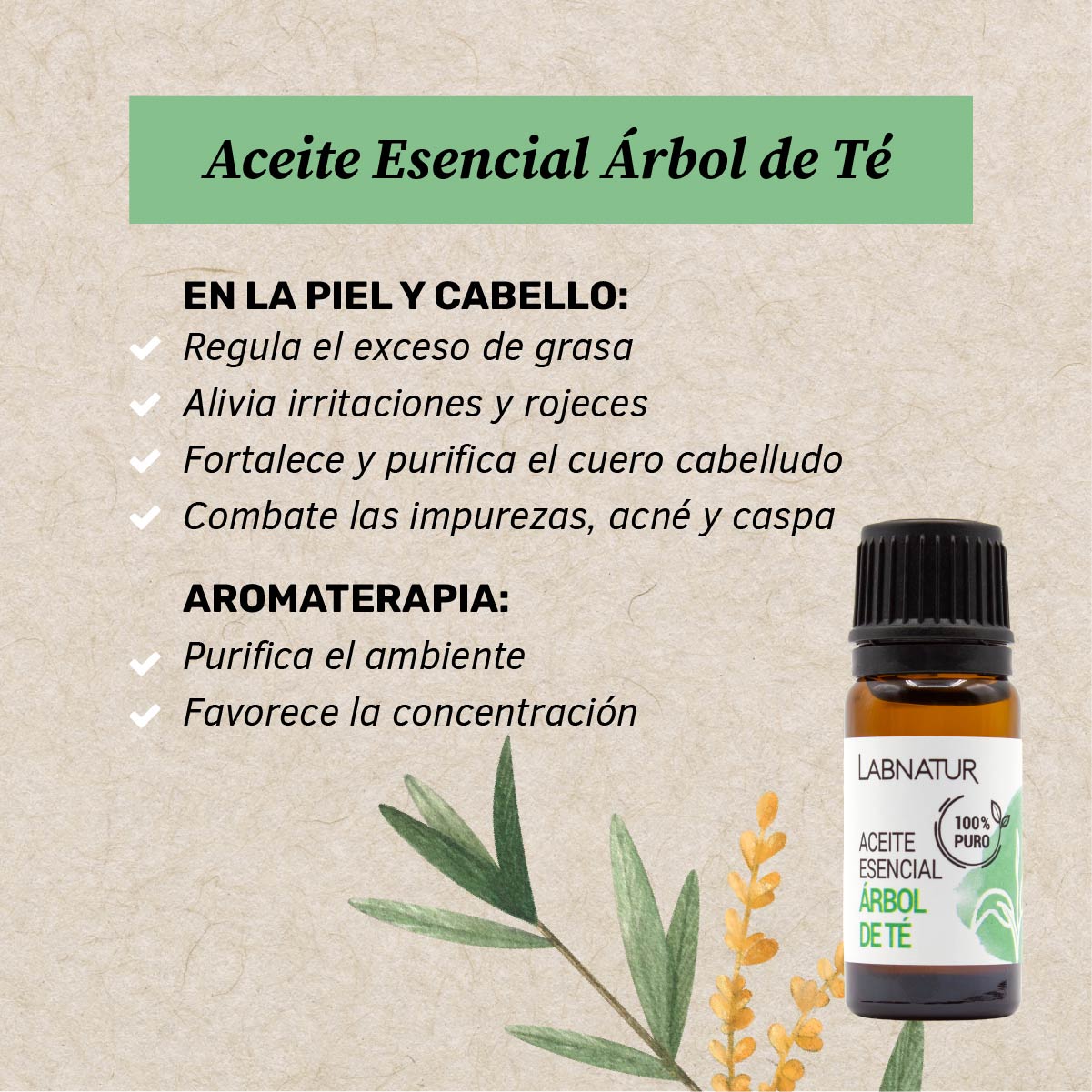 Aceite Esencial de Árbol del Té 100% Puro Labnatur 10 ml | Purificante | Piel, Cabello, Uñas y Pies | Vegano_1