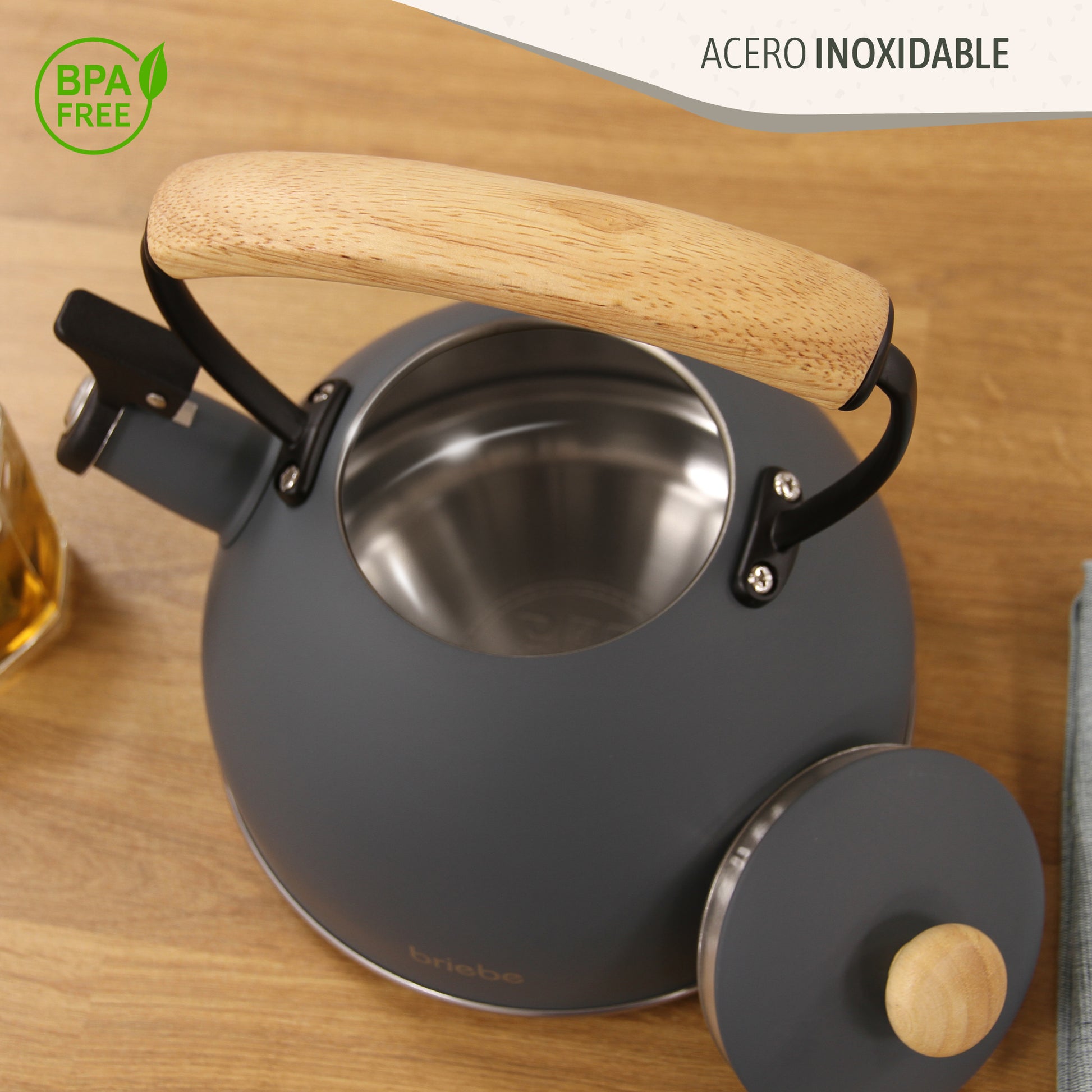 Briebe Tetera Con Silbato, Hervidor De Agua 2,3l, Inducción, Acero Inox, Vintage, Mango Madera, Nordic, Gris_3