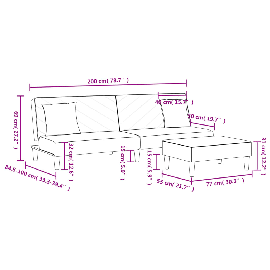 Sofá Cama De 2 Plazas Con Almohadas Y Taburete Tela Negro / Vetonek_3