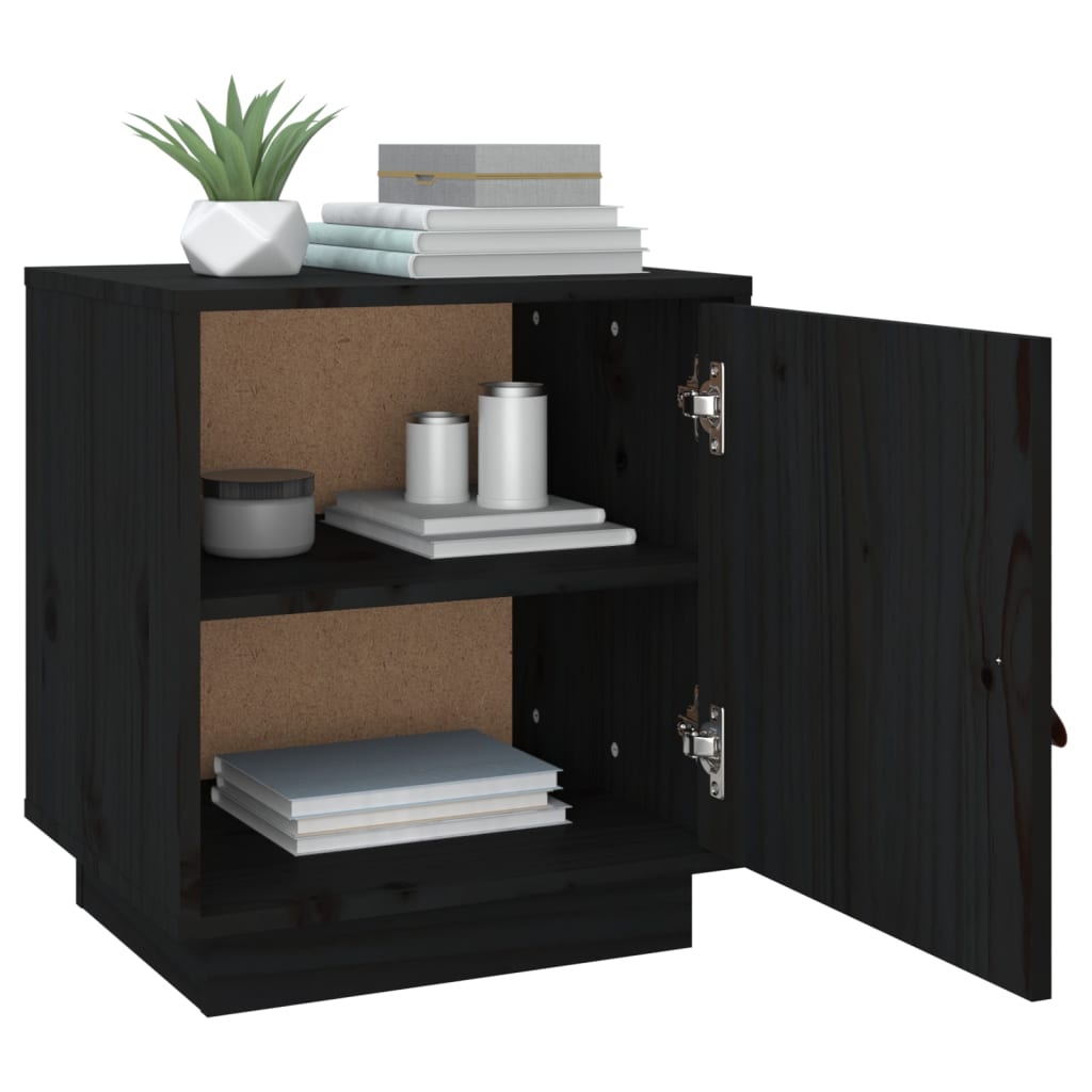Mesita De Noche Madera Maciza De Pino Negro 40x34x45 Cm_3