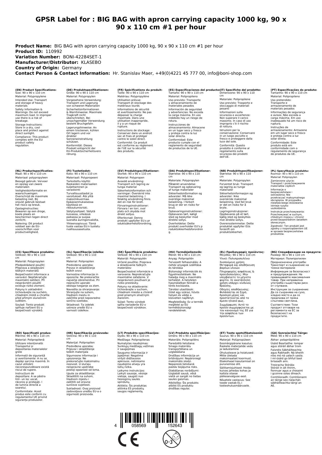 Big Bag Mit Schürze Tragkraft 1000 Kg, 90 X 90 X 110 Cm #1 Stük 1_1