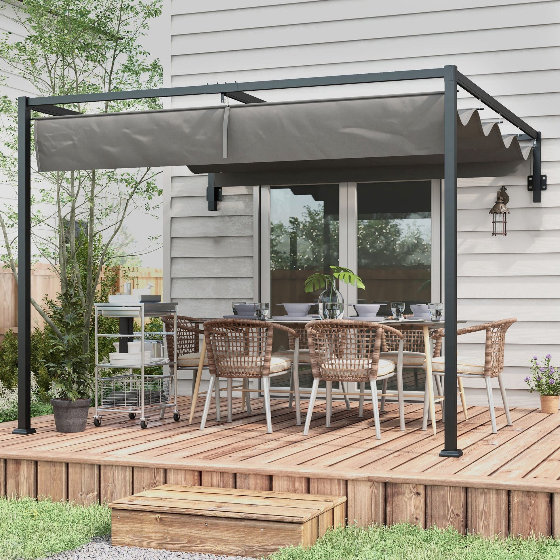 Outsunny Pérgola De Pared 297x211x220 Cm Con Techo Retráctil Para Patio Gris_3
