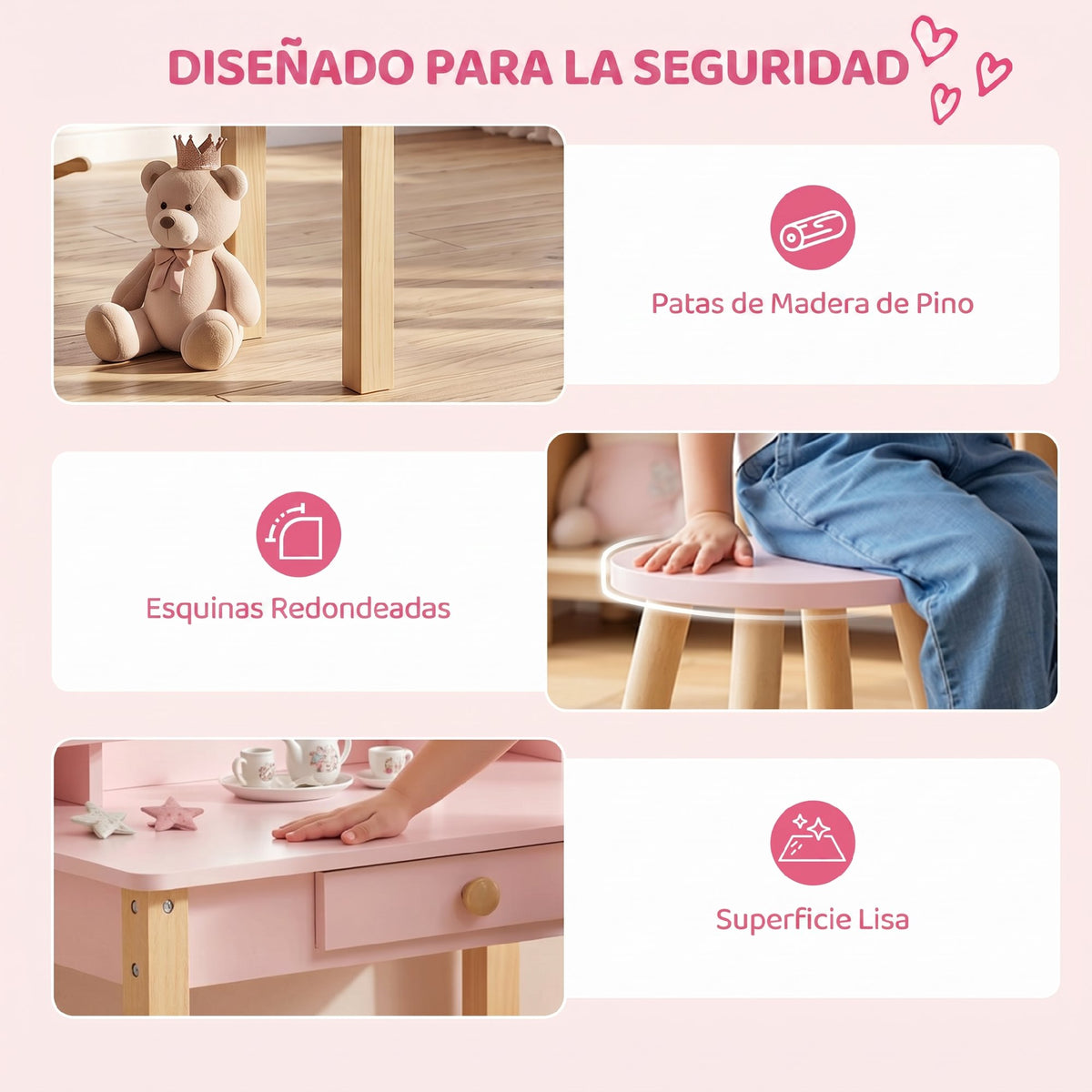 Aiyaplay Tocador De Maquillaje Niña Con Taburete Espejo Y Cajón Rosa_5